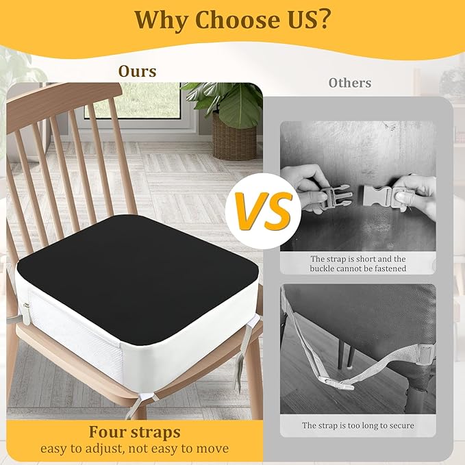 Booster Seat for Kitchen Chair - 4-Point Anchor 3.8" Lift Toddler Booster Seat for Dining Table with Side Pockets, Non-Slip & Portable Dining Cushion for Kids (Black)