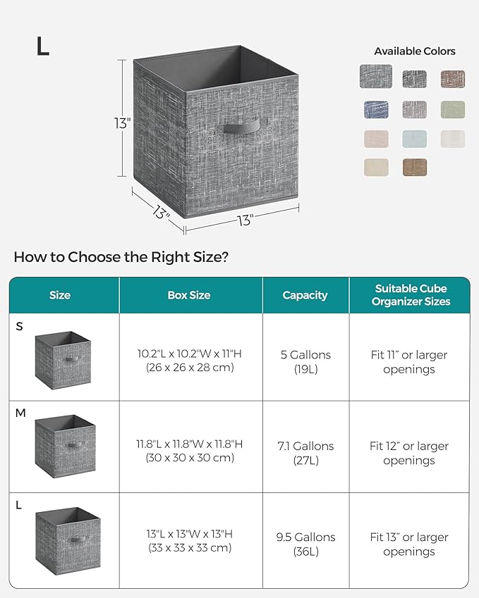 SONGMICS Storage Cubes, 13-Inch Non-Woven Fabric Bins with Double Handles, Set of 6, Closet Organizers for Shelves, Foldable, for Clothes, Cattail Gray UROB033G01