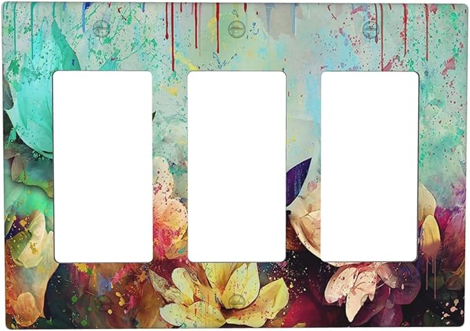 Light Switch Cover Watercolor Flower Colorful Floral 3 Gang Wall Plate Triple Light Switch Plate Rocker GFCI Outlet Covers Decorative Receptacle Cover for Bathroom Bedroom Decor