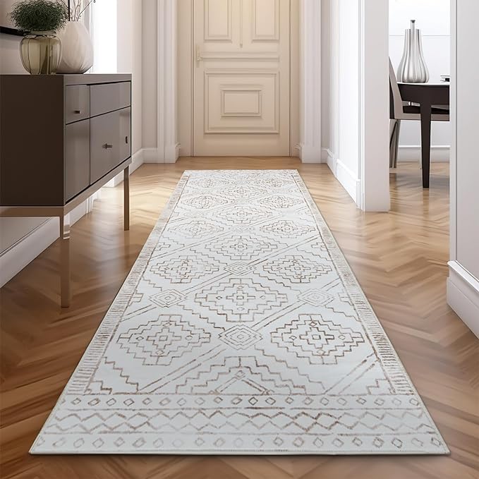 jinchan Hallway Runner Rug 2x8 - Moroccan Kitchen Machine Washable Runner Rug Modern Geometric Soft Faux Wool Ultra-Thin Low-Pile Non-Slip Carpet for Laundry Room Bedroom Farmhouse (2x8ft, Taupe)
