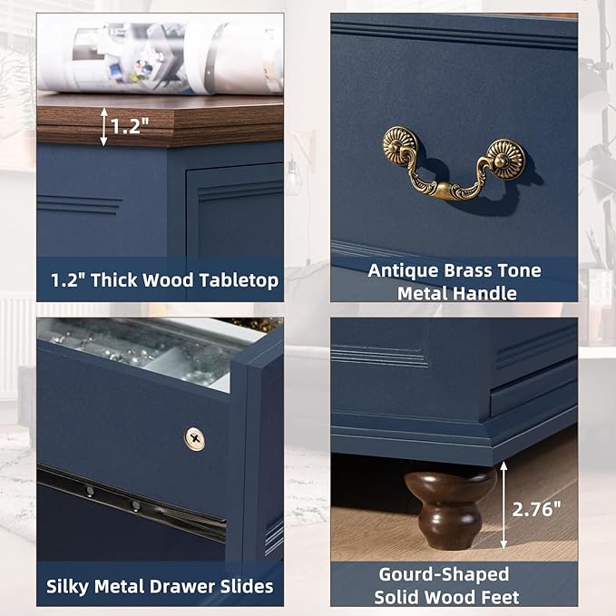 Farmhouse 54" 7 Drawers Dresser for Bedroom, Wide Chest of Drawers w/ 4 Wooden Legs, Vintage Rustic Large Closet Storage Dressers Organizer for Hallway, Wood TV Stand for Living Room, Blue