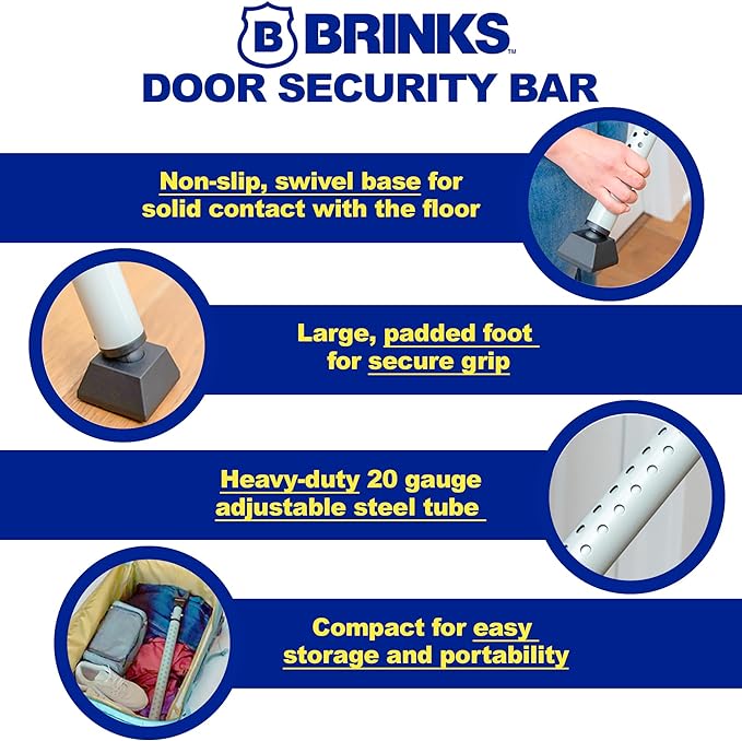 BRINKS Door Security Bar - Adjustable Brinks Door Security Bar for Travel, School, Dorm and Home - Door Jammer for Hinged Doors and Sliding Door Security – Silver