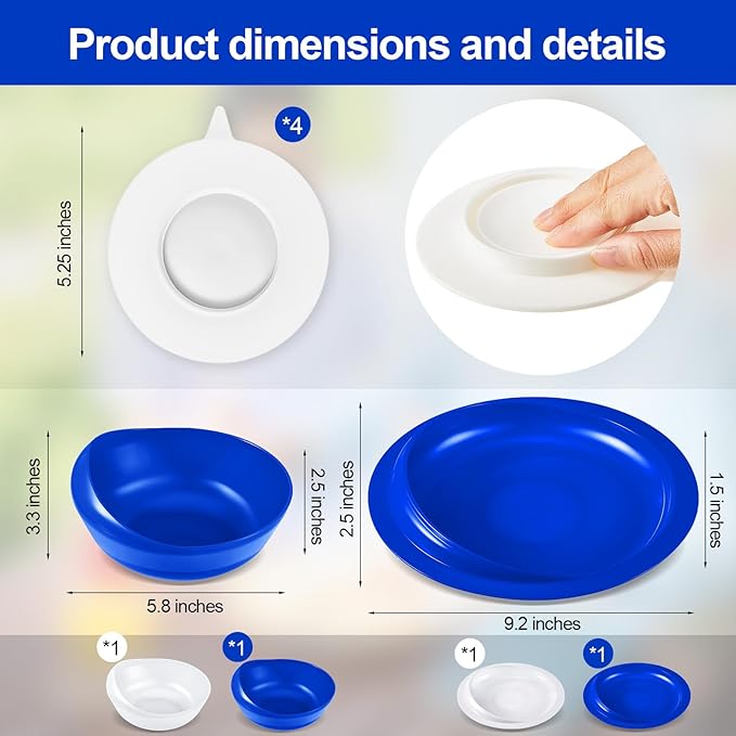 Hushee Adaptive Spill Proof Scoop Bowl and Plate Set with Suction Base Non Skid Self Feed Dinnerware for Elderly Disabled Handicapped from Parkinsons, Dementia, Stroke, Tremor(2 Sets,White and Blue)