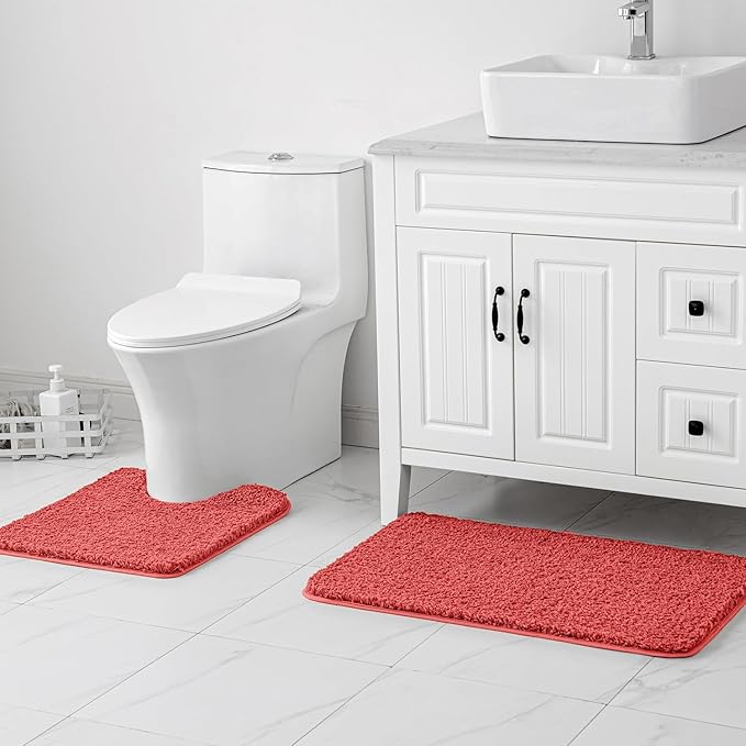 MIULEE Microfiber Toilet Bath Mat U-Shaped Contour Shaggy Rugs Non Slip Extra Thick Soft Absorbent Water for Bathroom Commode Machine Washable(20x20 Inch, Coral)