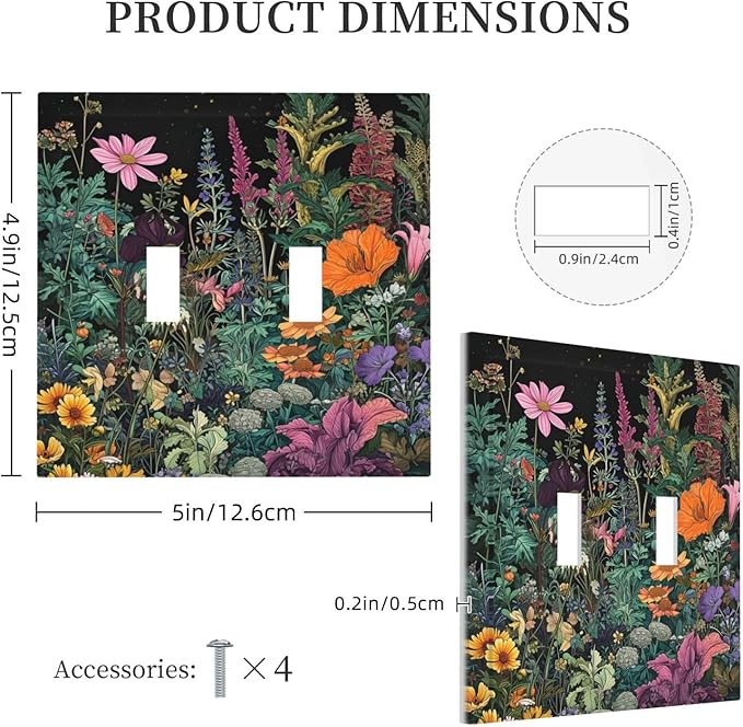 Decorative Light Switch Cover Plate Colorful Floral Dark Sky Wildflower Plants 2 Gang Switch Plate Covers Double Toggle Wall Plate Dual Device Faceplate for Bathroom Decor