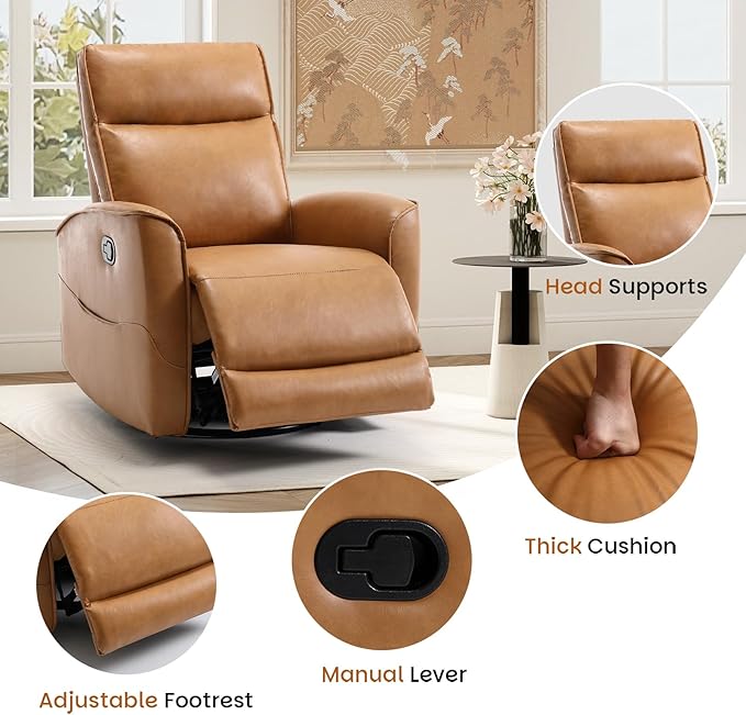 CANMOV Leather Recliner Chair, Swivel Rocker Recliner Chair, 360°Swivel Nursery Glider Recliner, Manual Recliner for Small Spaces,Living Room,Bedroom,Brown