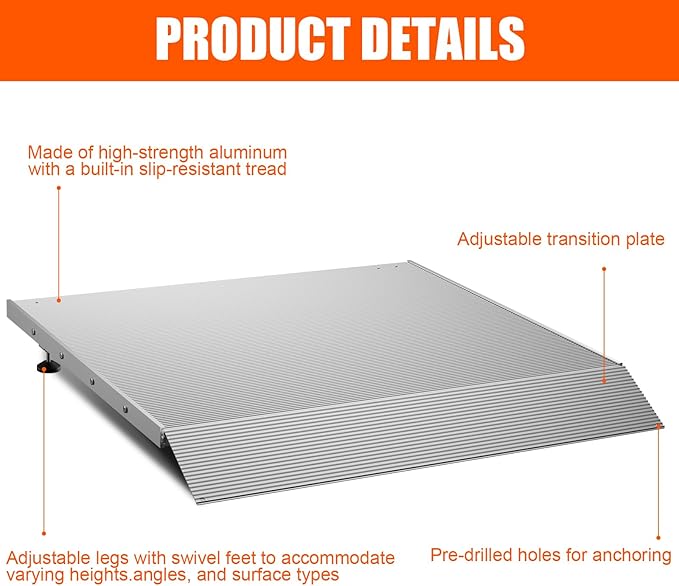 Aluminum Adjustable Threshold Ramp for Wheelchairs, 36" x 36" Doorway Ramp with 3.4"–7.2" Rise, Self-Supporting Entry Ramp for Uneven Surfaces, 880 lb Capacity with Non-Slip Mat