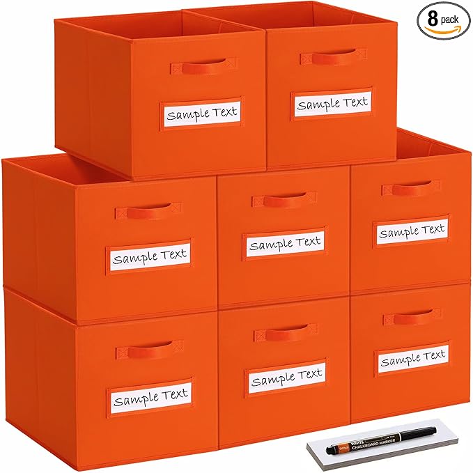 artsdi Fabric storage cubes (8 Pack) 13 Inch Cube Storage Bin, cube organizer bins with 8 Labels Window Cards & a Pen, Foldable cube organizer bins and Storage Box, Orange