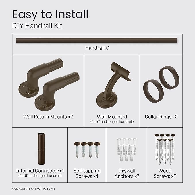 Meranti Aluminum Handrail for Stairs - ADA Compliant Wall Returns - Handrails for Indoor Stairs - Metal Handrail, Powder Coated for Outdoor Environment, DIY Handrail Kit (WHR, Bronze Textured, 9' L)