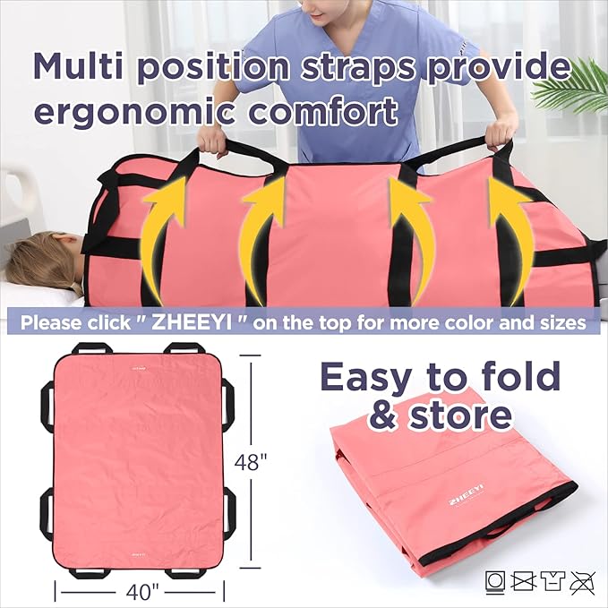 Multipurpose 48" x 40" Positioning Bed Pad with Reinforced Handles - Reusable & Washable Patient Sheet for Turning, Lifting & Repositioning - Double-Sided Nylon Fabric, Pink