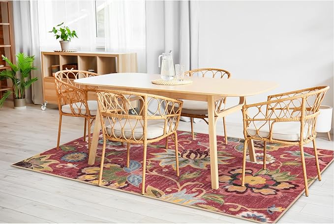 Beeiva Floral 5x7 Red Area Rugs, Washable Rug for Living Room Lightweight Paisley Print Vintage Ultra Thin Large Burgundy Non Slip Carpet for Bedroom Dining Room Christmas Decor