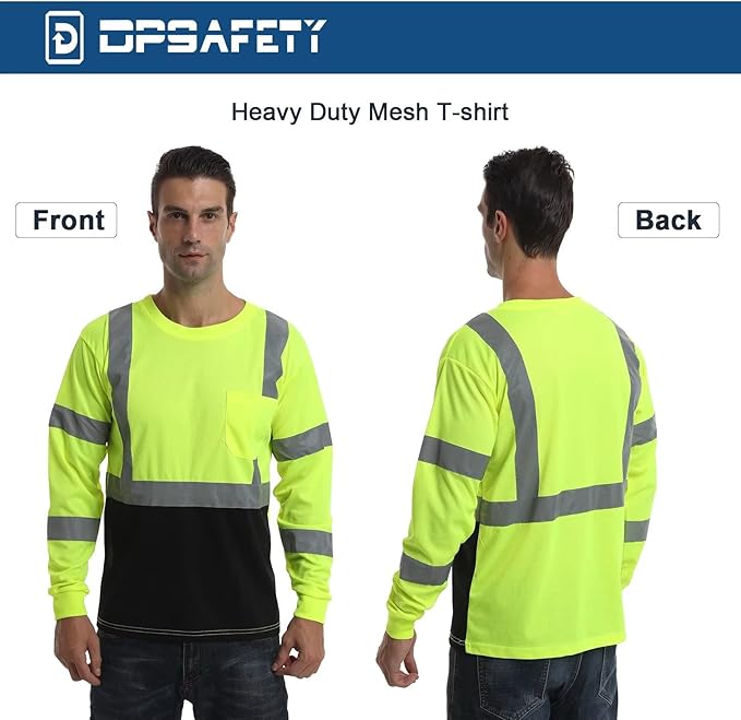 High Visibility Class 3 T Shirts，Hi Vis Safety Shirts with Reflective Strips and Pocket, Long Sleeve Quick Dry Mesh Construction Work Shirt for Men/Women Black Bottom Lime，XL