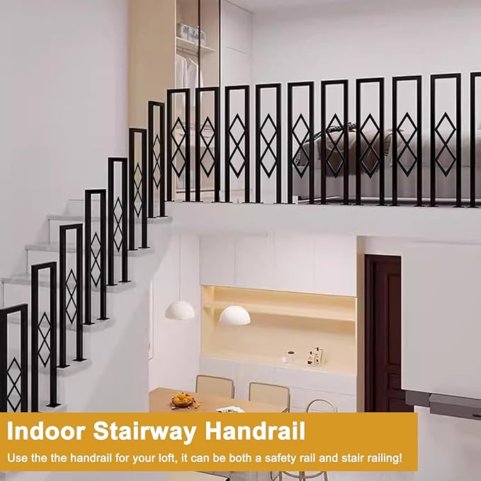U-Shaped Stair Handrail, Black Wrought Iron Hand Rails Decorative Railing for Indoor Stairs, Porch Deck Loft Corridor Safety Non-Slip Support Poles, with Diamond Pattern (3FT/90CM)