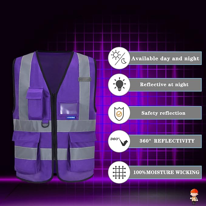 A-SAFETY Safety vest purple Protective Reflective Safety Vest Workwear, 7 Pockets Hi Vis Durable Vest with Reflective Tapes, 4 Lower Pockets, Purple