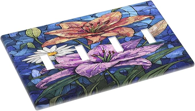 Light Switch Covers Vintage Colorful Flower Oil Painting Style Quad Toggle Electrical Faceplate 4 Gang Wall Plate Decorative Switch Plates for Bedroom Bathroom Decor