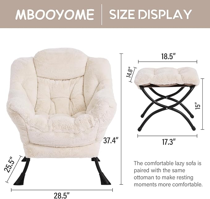 Lazy Chair with Ottoman, Modern Accent Lounge Armchair with Side Pocket & Foldable Footstool, Leisure Reading Chair for Living Room, Bedroom, Dorm & Office, Plush Beige