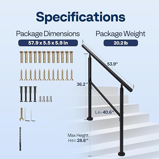 VIVOHOME 2-Pack 3 Step Hand Rails for Outdoor Steps, Galvanized Steel Railing, Black Round Exterior Handrails for Porch, Deck, or Indoor Stairs, Complete Installation Kit