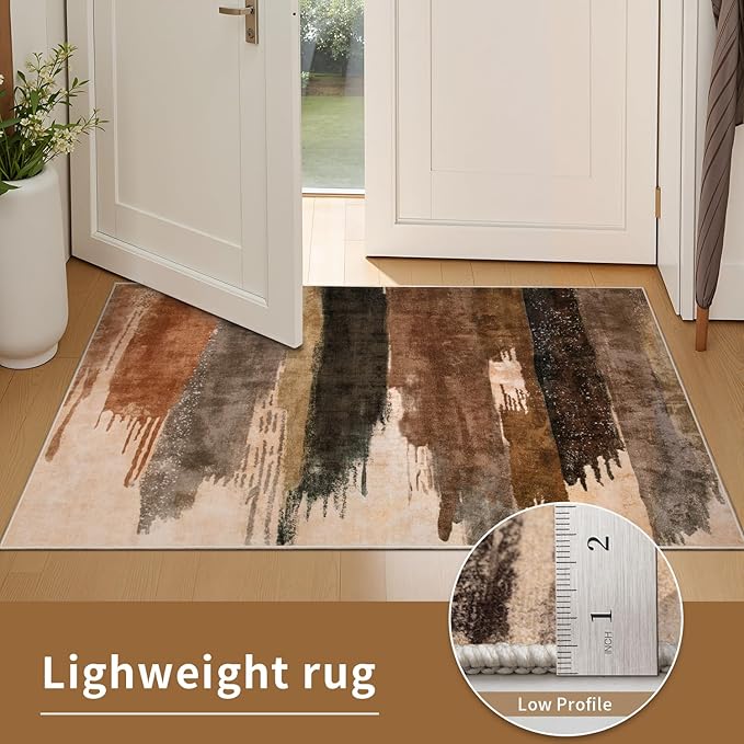 Ciicool Abstract Area Rug Indoor, 4x6 Washable Entryway Rug, Modern Soft Throw Entry Rug with Non-Slip Backing for Bedroom Living Room Entrance Kitchen, Low-Pile Floor Carpet Doormat Brown Black