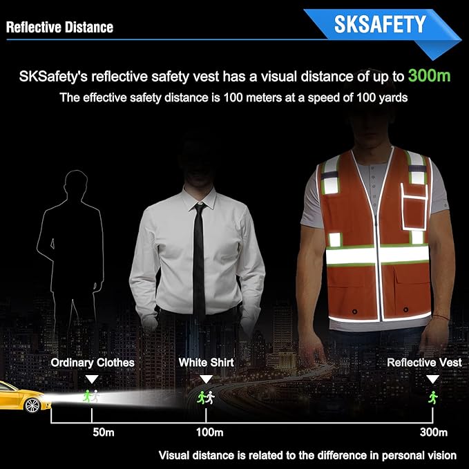 SKSAFETY 10 Pockets Safety Vest, Class 2 High Visibility Security with Zipper Double-sided mesh, Hi Vis Vest with Reflective Strips, ANSI/ISEA Standard, Construction Work Vest （Orange, M）