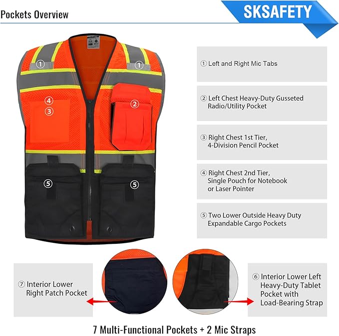 SKSAFETY 10 Pockets Professional level Safety Vest, Class 2 High Visibility Security Vest with Zipper, Hi Vis Vest with Reflective Strips, ANSI/ISEA Standard, Construction Work Vest（Orange Black, 2XL）