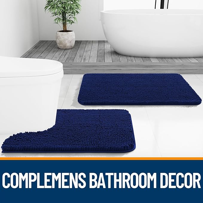 OLANLY Bathroom Rugs Sets 2 Piece, Soft Absorbent Chenille Bath Mats and U-Shaped Contour Toilet Rug, Non-Slip, Machine Washable Bath Carpet, Home Decor Accessories(36"x24"+24"x20", Navy)