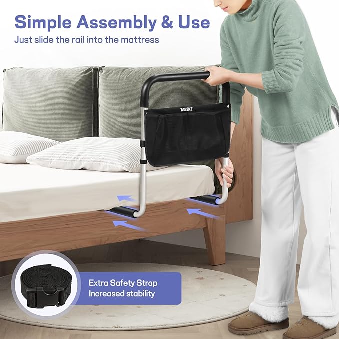 TABEKE Bed Rails for Elderly Adults, Adjustable Bed Assist Rails for Seniors, Portable Bed Support Bar Mobility Assistant with Foam Handle & Double Side Storage Bag Fits King, Queen, Full, Twin Bed