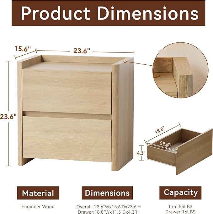 Nightstand with 2 Storage Drawer, Modern End Table for Bedroom with Cut-Out Handle, Large Night Stands for Bedroom, Home Office, Set of 1, Oak