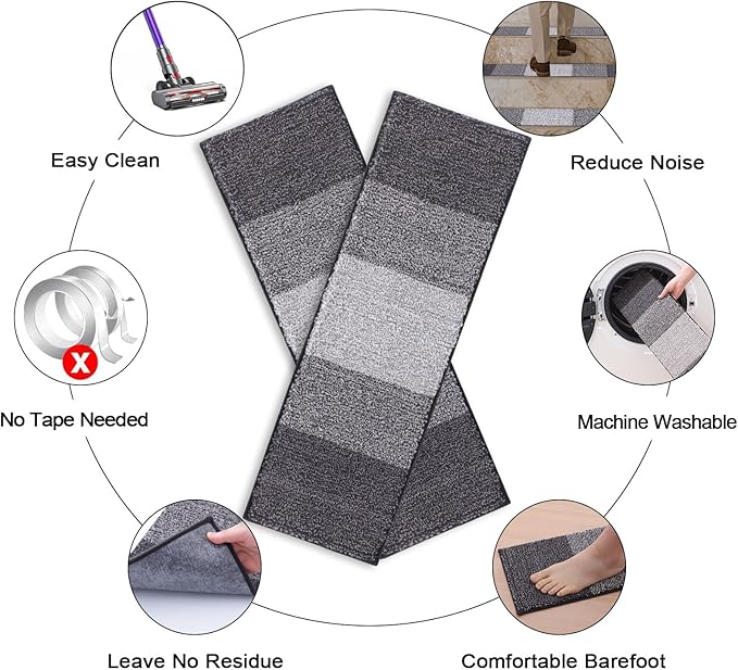 OLANLY Stair Treads Non Slip 15PCS, 8" x 30" Indoor Stair Runners for Wooden Steps, Edging Stair Rugs with Reusable Peel and Stick Adhesive for Kids Elders and Pets, Grey