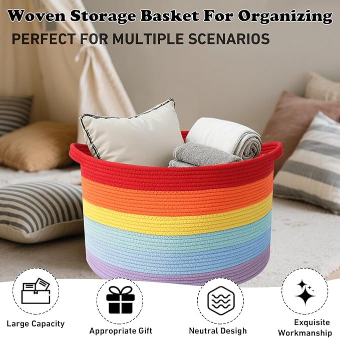 Large Storage Basket with Handle,23.6" x 23.6" x 15.7" Blanket Basket Storage Bins for Organizing,65L Cotton Rope Woven Baskets for Living Room, Nursery ,Bedroom,Rainbow