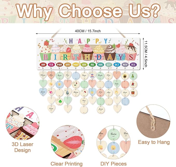 CHDITB 3D Classroom Birthday Chart Wall Hanging(16"x5"), Wooden Family Calendar Reminder for Classroom Students Kids, Cute Cupcake Theme Birthday Board Tracker with 100 Round Heart Tags