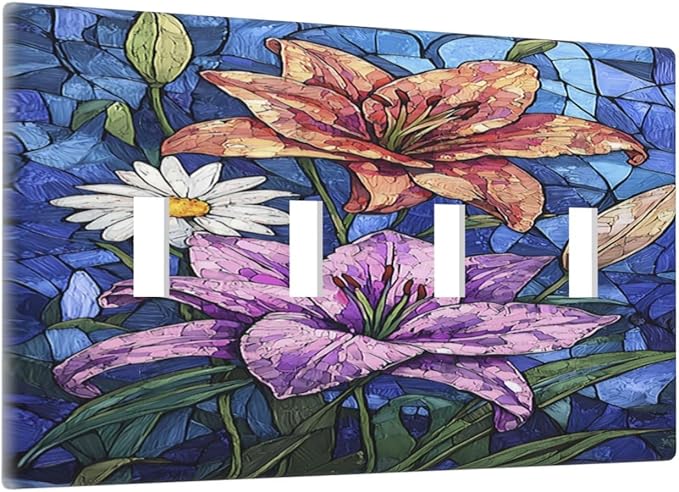 Light Switch Covers Vintage Colorful Flower Oil Painting Style Quad Toggle Electrical Faceplate 4 Gang Wall Plate Decorative Switch Plates for Bedroom Bathroom Decor
