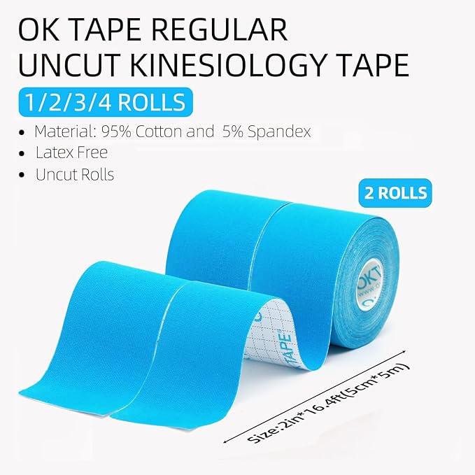 OK TAPE Regular Original Cotton Kinesiology Tape (2 Pack), Elastic Water Resistant Therapeutic Athletic Tape, Latex Free, Injury Recovery, Uncut K Tape 2in×16.4ft - Light Blue