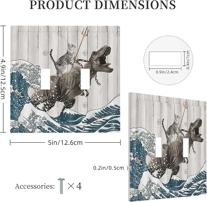 Funny Cat Cool Cat Dinosaur Japanese Sea Waves Wood Double Toggle Light Switch Covers Decorative 2 Gang Wall Plate Covers Dual Device Electrical Switchplate Faceplate for Farm Bathroom Decor