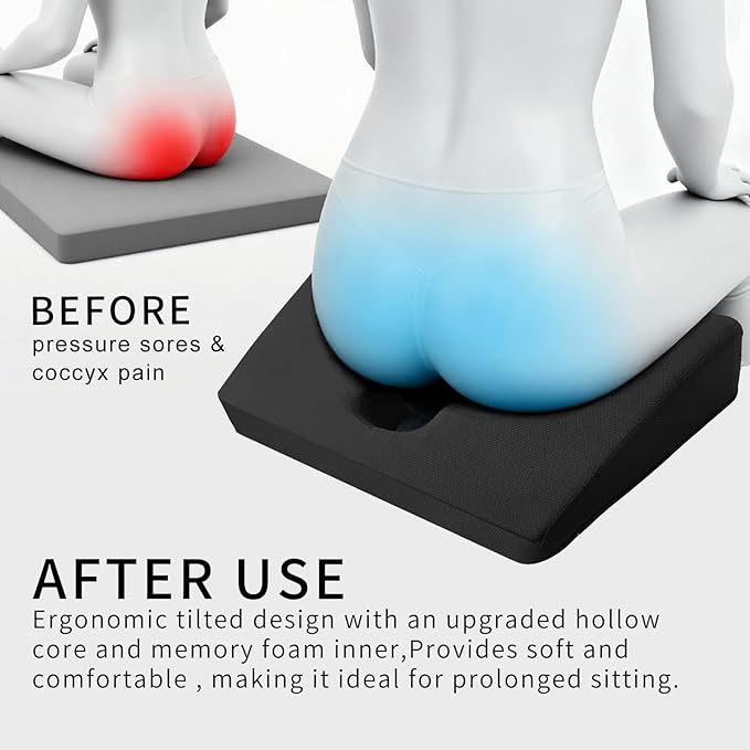 Gel Wheelchair Seat Cushion,Bed Sore Cushions for Butt,Chair Pressure Sore Cushion,Memory Foam Butt Pillow for Bed,Pressure Ulcer Pain Relief,Sciatica,Coccyx,Non-Slip Washable Cover(Black)