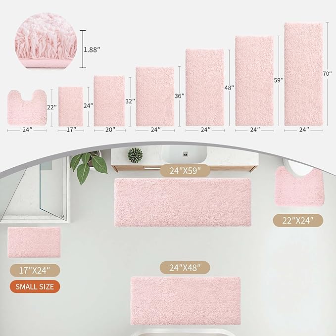 Pink Bathroom Runner Rug 24x70 Non Slip Fluffy Long Bath Mat for Bathroom Floor Washable Plush Luxury Bath Rug for Tub Absorbent Shower Sink Mat Bedside Rug