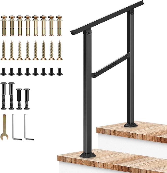 VIVOSUN Outdoor Handrail, 2 Step Stair Handrail, 26" × 36" Fits 1 to 2 Steps, Wrought Mattle Iron Handrail for Concrete Steps, Porch Steps, One-Step Assembly, Black