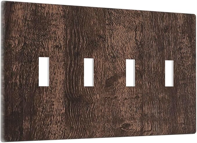 Light Switch Covers Rustic Dark Brown Wood Grain Quad Toggle Electrical Faceplate 4 Gang Wall Plate Decorative Switch Plates for Farmhouse Bedroom Decor