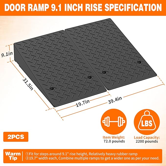 9.1" Rise Rubber Threshold ramp for Doorway/Cars, Step/Stair Rubber ramp with with Non-Slip Surface for wheelchairs/Curb/shed, 2200Pounds Load Capacity.