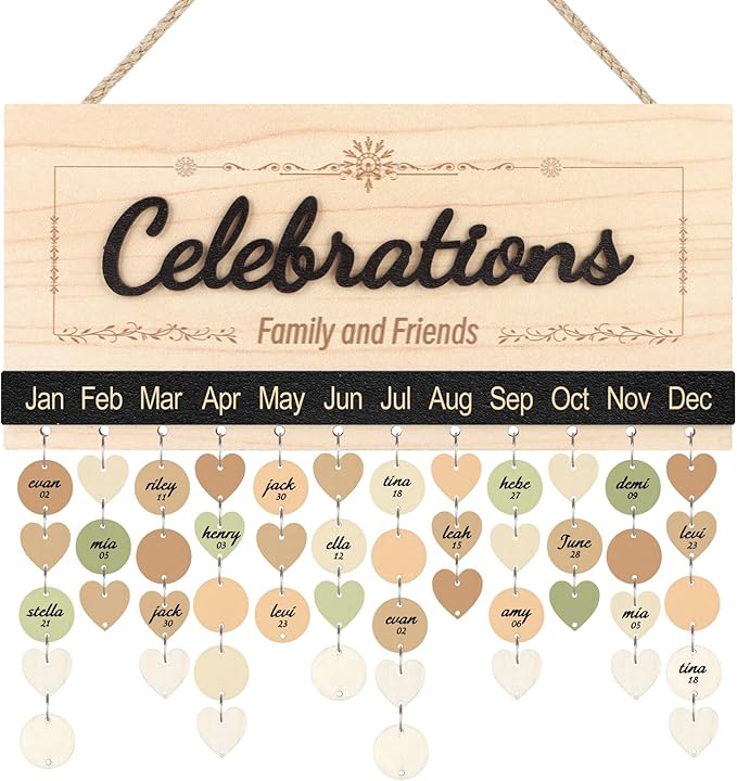KAlRNE 3D Celebration Wooden Sign,Family Friends Birthday Calendar Wall Hanging Reminder Calendar Board Wall Art,Gift for Mother's Day Gift for Mom Grandma for Parents Birthday Tracker Plaque