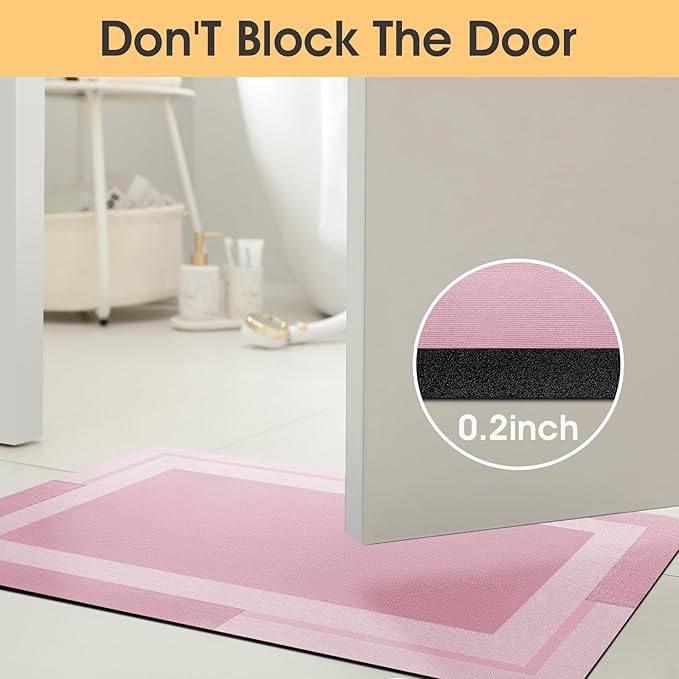 Ultra Thin Bath Mat, Upgrade Backing Non Slip Thin Bath Mats Fit Under Door, Quick Dry Ultra Absorbent Bathroom Rugs, Machine Washable Bath Rugs for Bathroom, Bathtub & Kitchen, Pink/Bordered/32"x20"