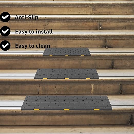 Heavy-Duty Slip-Resistant Stair Treads with Reflective Safety Strips - Universal Fit Rubber Mats for Indoor/Outdoor Stairs, Noise Reduction & Fall Prevention (10)