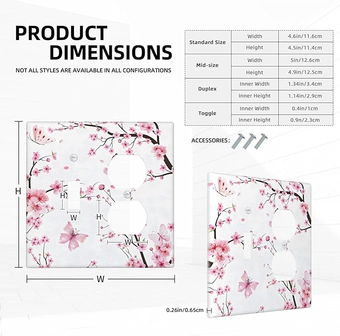 Cherry Floral Watercolor Pink Flowers Butterfly Wallplates 1 Toggle 1 Duplex Switch Plate Electrical GFCI Faceplate Decorative Light Switch Covers for Bed Room Living Room Decor