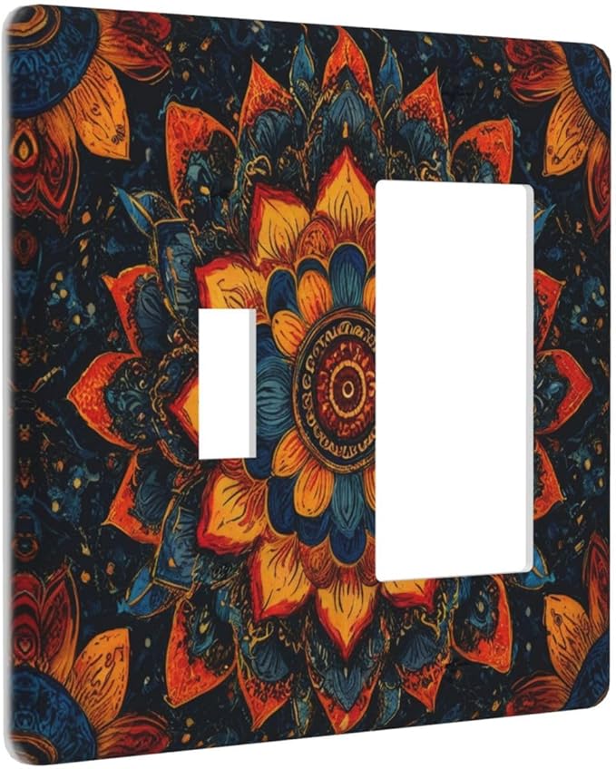 Colorful Oriental Floral Blooming Mandala Flower 2 Gang Combination Light Switch Covers Decorative Toggle Rocker/Decora Wall Plate Electrical Receptacle Switchplate Dimmer Faceplate Bathroom