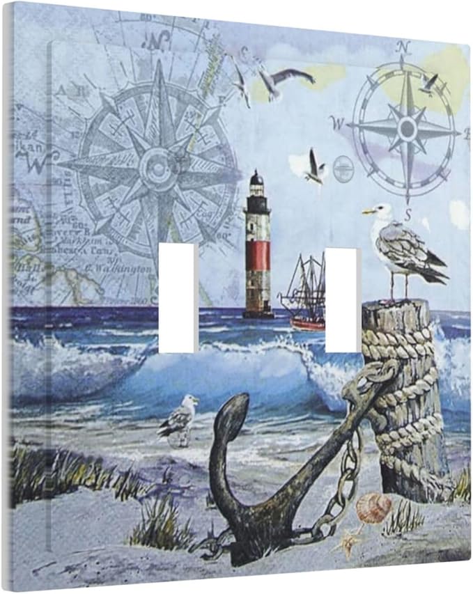 Light Switch Cover Sea Ocean Sand Coast Compass Ship Lighthouse Anchor 2 Gang Wall Plate Double Light Switch Plate Toggle Decorative Outlet Covers Electrical Switchplate for Bathroom Decor