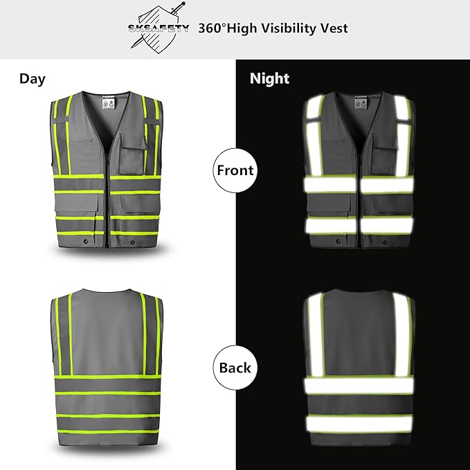 SKSAFETY 10 Pockets Safety Vest, Class 2 High Visibility Security with Zipper, Hi Vis Vest with Reflective Strips, ANSI/ISEA Standard, Construction Work Vest for Men ＆ Women （Grey,XL）