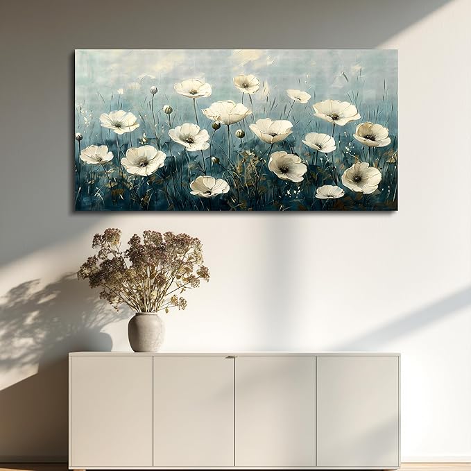 FUHAIHUA Canvas Wall Decor For Bedroom Wall Art For Living Room Office Decorations White Flowers Landscape Painting Modern Wall Pictures Artwork Farmhouse Posters Ready To Hang Home Decor 20x40 In