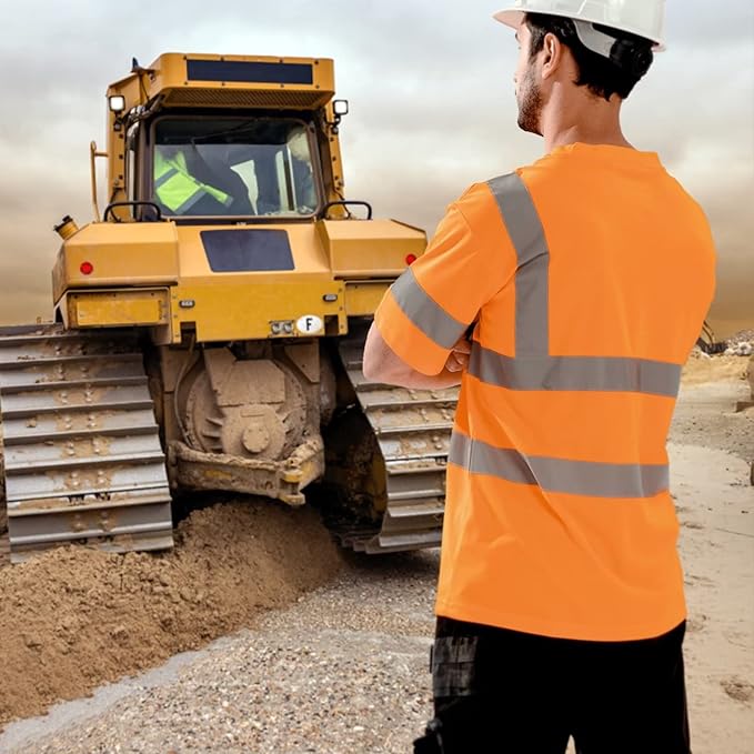 High Visibility Class 3 T Shirts，Hi Vis Safety Shirts with Reflective Strips and Pocket, Short Sleeve Quick Dry Mesh Construction Work Shirt for Men/Women Orange,Medium