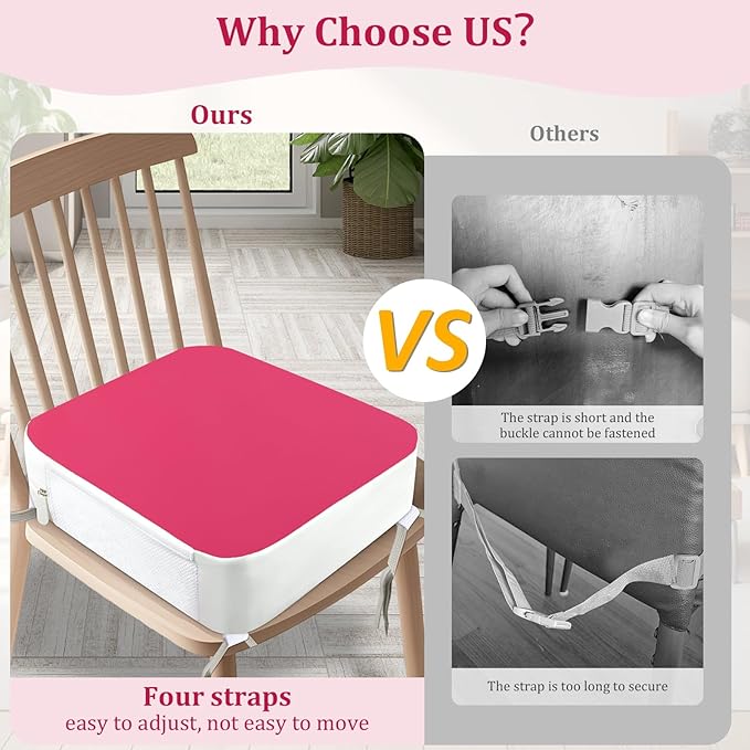 Booster Seat for Kitchen Chair - 4-Point Anchor 3.8" Lift Toddler Booster Seat for Dining Table with Side Pockets, Non-Slip & Portable Dining Cushion for Kids (Pink)