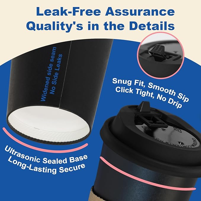 20 oz 50 Pack Coffee Cups with Lids and Sleeves, Straws, Hot Disposable To Go Travel Paper Cups Bulk for Office, Home Coffee Bar Accessories, Chocolate, Cocoa, Beverage (Black)