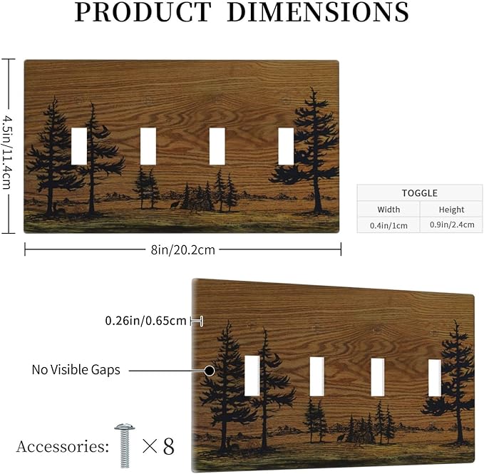 Decorative Switch Plate Covers Rustic Farmhouse Brown Board Pine Tree Wood Grain 4 Gang Light Switch Cover Plate Quad Toggle Wall Plate Light Switch Covers for Bathroom Decor